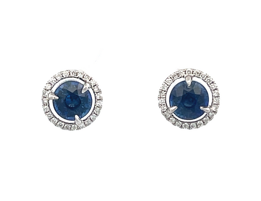 Blue Round Sapphire 2.36CT & White Round Diamonds 0.20CT 18KW Studs Earrings