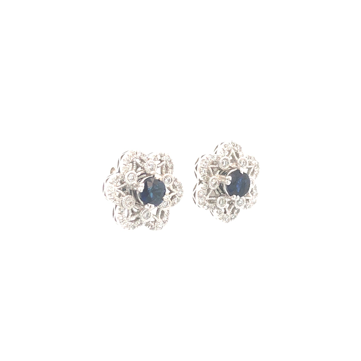 Blue Round Sapphire 1.13 CT & White Round Diamonds 0.58CT 14KW Earrings