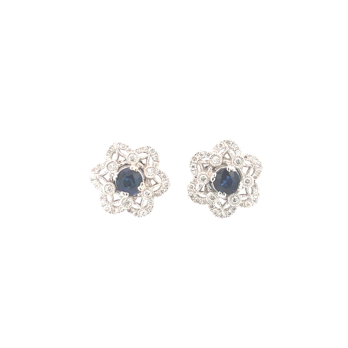 Blue Round Sapphire 1.13 CT & White Round Diamonds 0.58CT 14KW Earrings