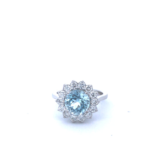 Round Aquamarine 2.51CT Round Diamonds 0.75CT Fashion Diamond Ring 14K White Gold