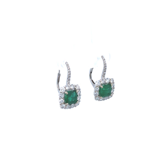 Dangling Green Colombian Emeralds 1.57 CT Stones & Round 1.30 CT Diamonds  Earring 18K White Gold