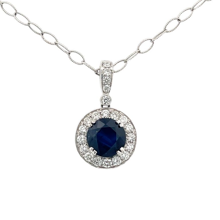 Sapphire 4.00CT & Diamond 0.80CT Pendant Necklace In 18K White Gold