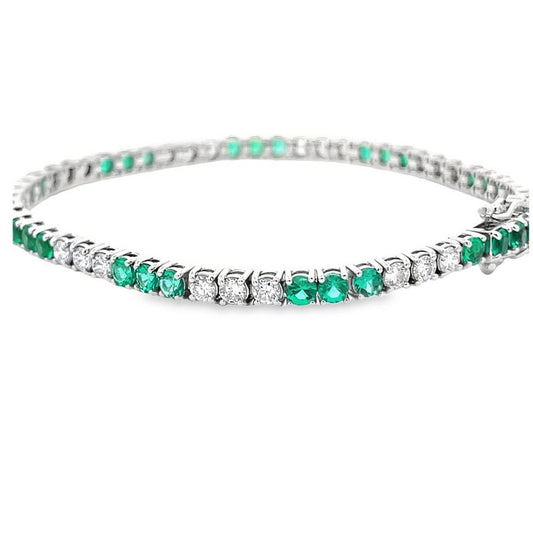 Tennis Bracelet White Diamonds 2.09CT & Green Emerald 3.20CT 14K White Gold