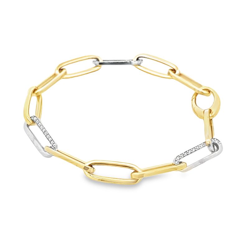 Paper Clip Diamond Bracelet White Round Diamonds 0.70CT 14K Two Tone Gold