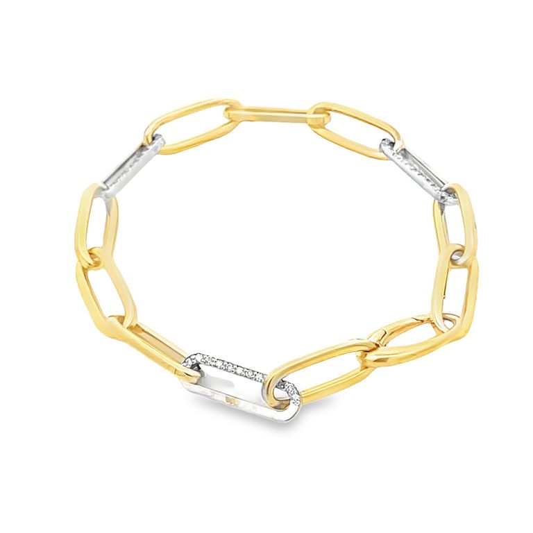 Paper Clip Diamond Bracelet White Round Diamonds 0.70CT 14K Two Tone Gold