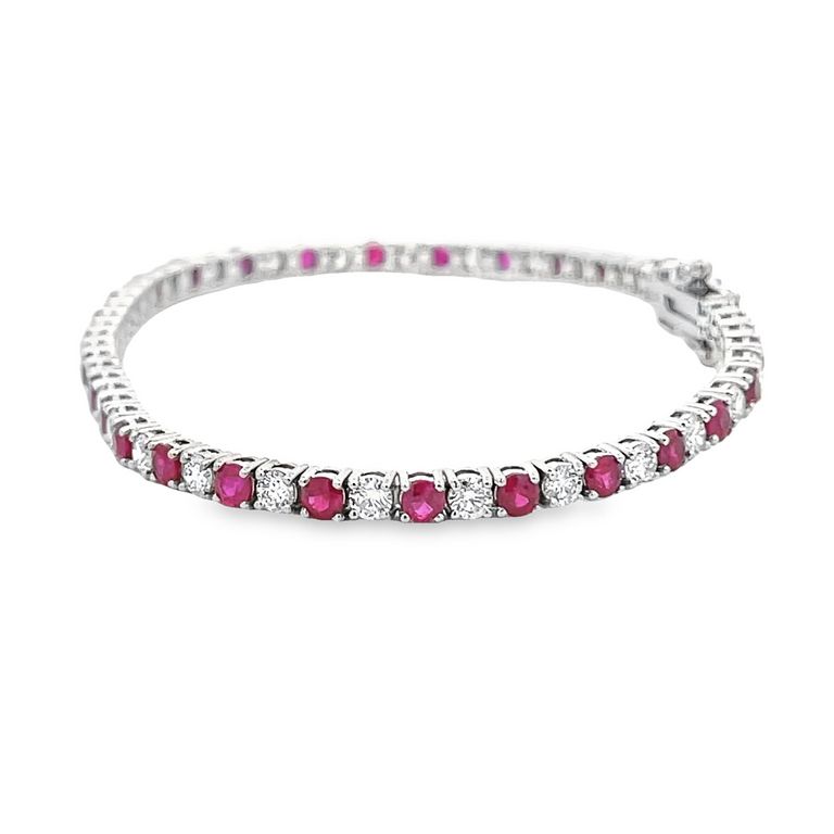 Tennis Bracelet White Diamonds 2.39CT & Ruby 3.75CT 14K White Gold