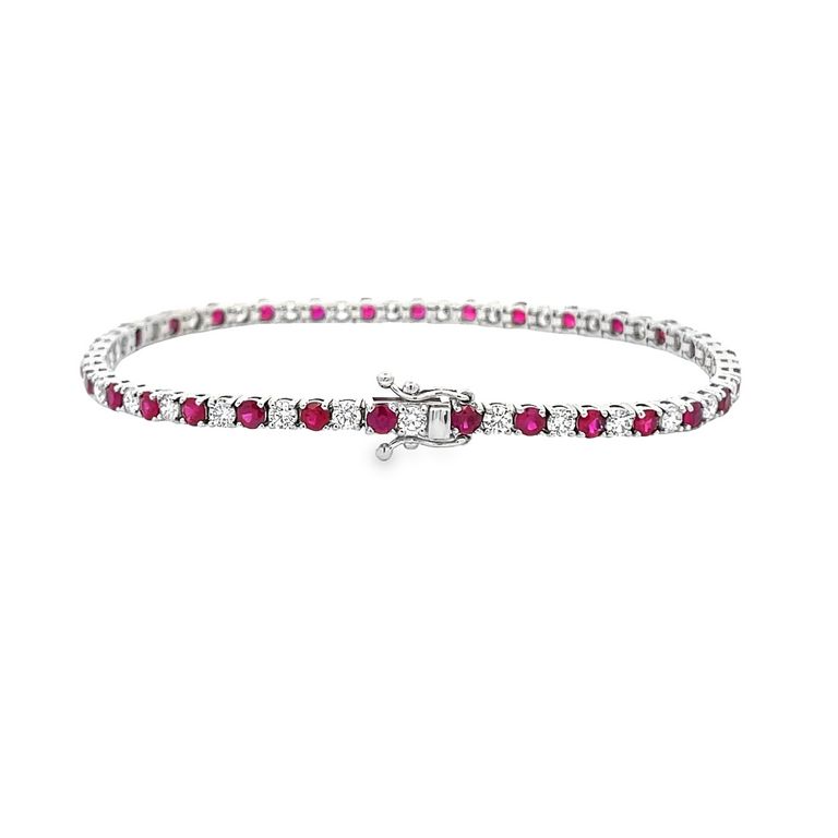 Tennis Bracelet White Diamonds 2.39CT & Ruby 3.75CT 14K White Gold