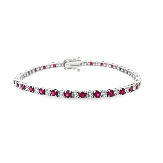 Tennis Bracelet White Diamonds 2.39CT & Ruby 3.75CT 14K White Gold