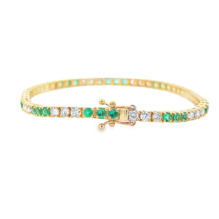 Tennis Bracelet White Diamonds 2.00CT & Green Emerald 1.80CT in 14K Yellow Gold