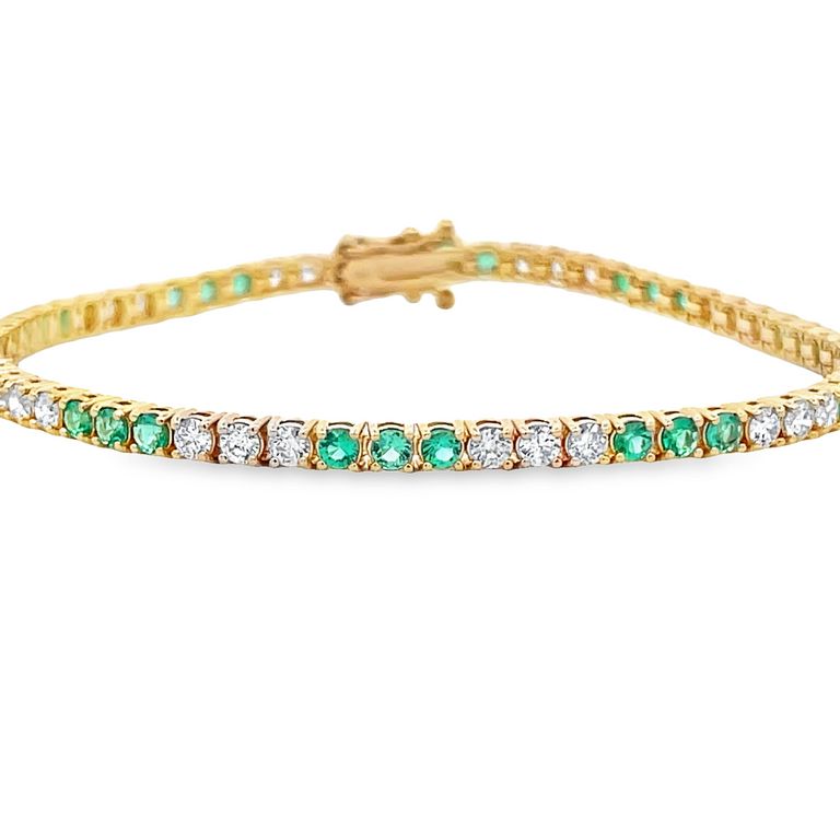 Tennis Bracelet White Diamonds 2.00CT & Green Emerald 1.80CT in 14K Yellow Gold