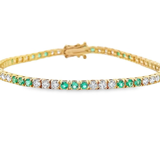 Tennis Bracelet White Diamonds 2.00CT & Green Emerald 1.80CT in 14K Yellow Gold