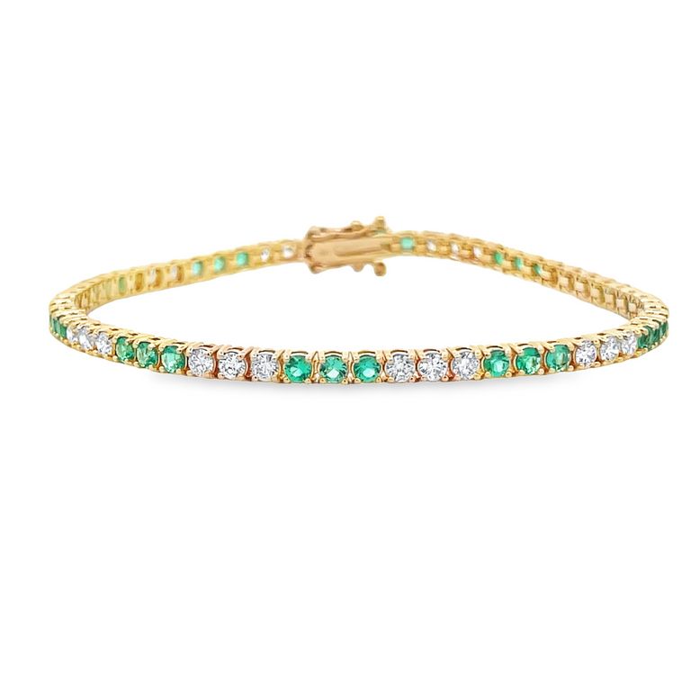 Tennis Bracelet White Diamonds 2.00CT & Green Emerald 1.80CT in 14K Yellow Gold