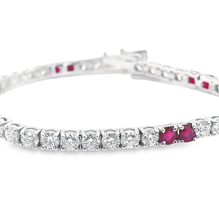 Tennis Bracelet White Diamonds 6.62CT & Burma Ruby 2.79CT 14K White Gold