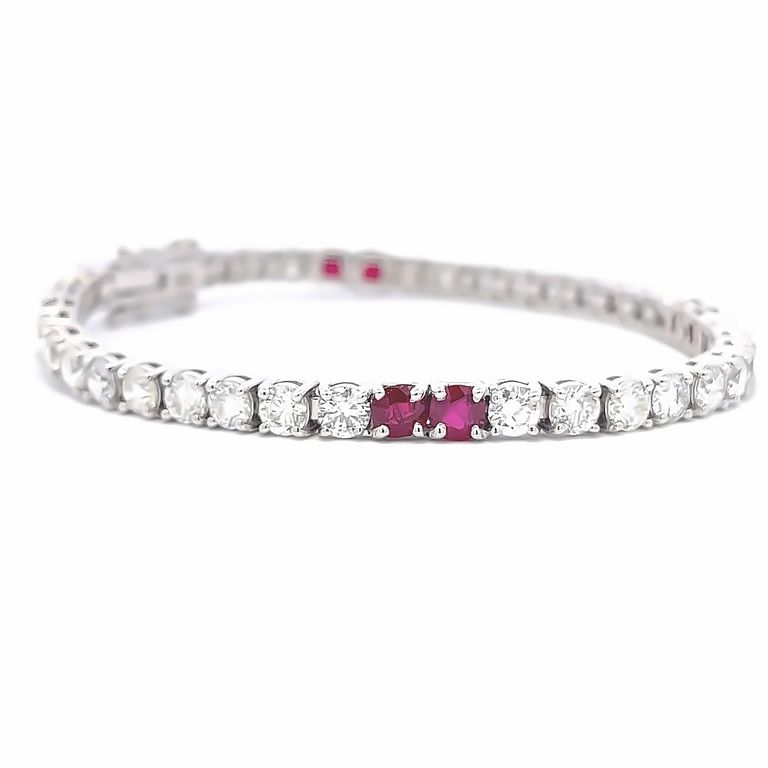 Tennis Bracelet White Diamonds 6.62CT & Burma Ruby 2.79CT 14K White Gold