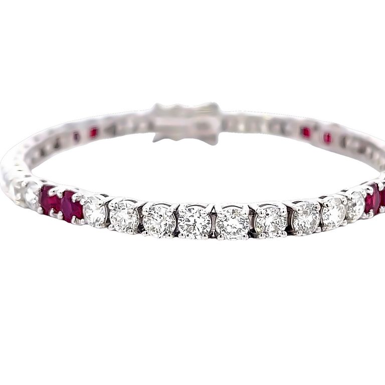 Tennis Bracelet White Diamonds 6.62CT & Burma Ruby 2.79CT 14K White Gold