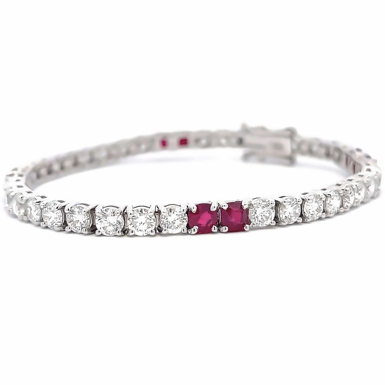 Tennis Bracelet White Diamonds 6.62CT & Burma Ruby 2.79CT 14K White Gold