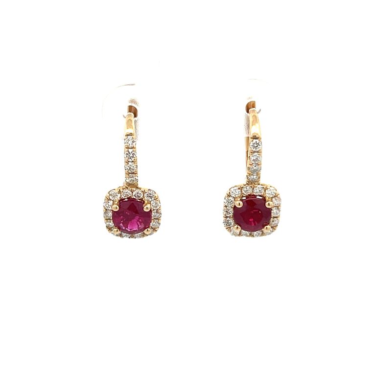 Ruby & Diamond Lever-Back Earrings R1.68CT D.52CT 14K Yellow Gold