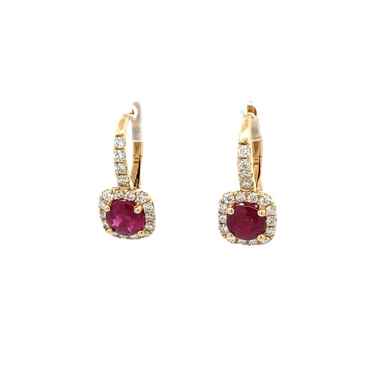 Ruby & Diamond Lever-Back Earrings R1.68CT D.52CT 14K Yellow Gold