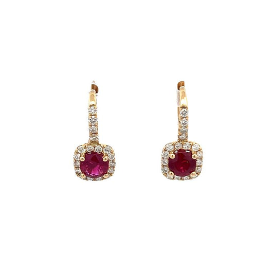 Ruby & Diamond Lever-Back Earrings R1.68CT D.52CT 14K Yellow Gold