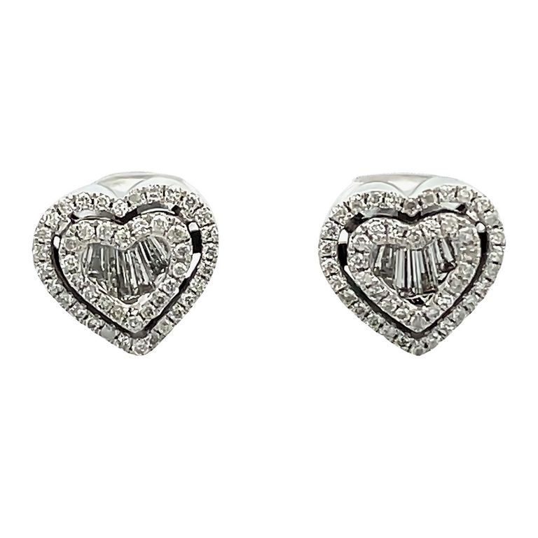 Heart Shape Baguette & Round Diamond Earrings 0.61CT 14K White Gold