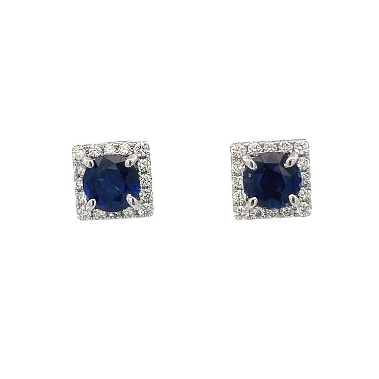 Blue Round Sapphire 2.25CT & White Round Diamonds 0.51CT 18KW Studs Earrings