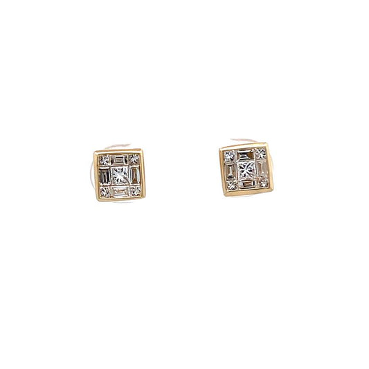 Princess Cut & Baguette Diamond Earrings Studs 0.66CT 18K Yellow Gold