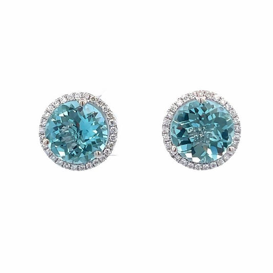 Aquamarine & White Diamond Studs Earrings 4.36ct D.20ct 18K White Gold