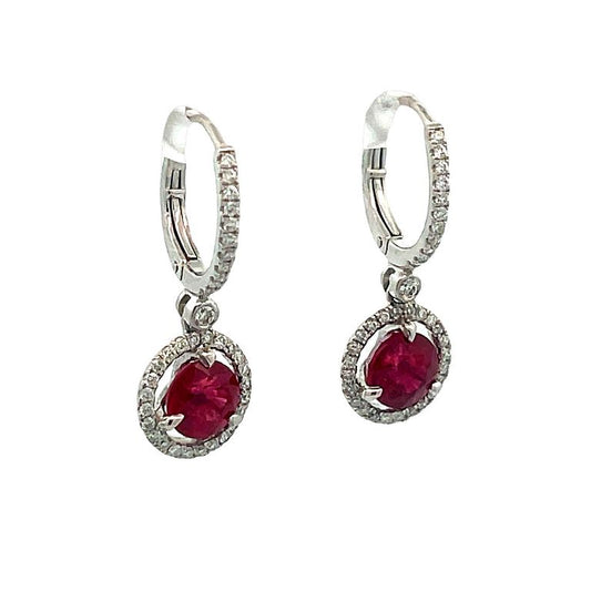 Ruby 2.63CT Round Diamond 0.31CT Dangle Earrings 18K White Gold GIA