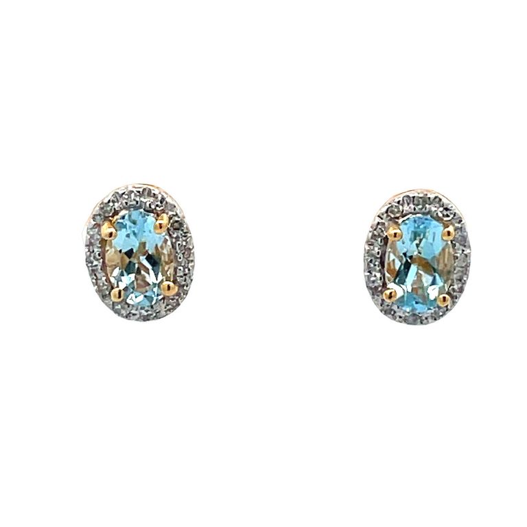 Aquamarine Oval 0.60CT & Round Diamonds 0.10CT Stud Earrings in 14K Yellow Gold