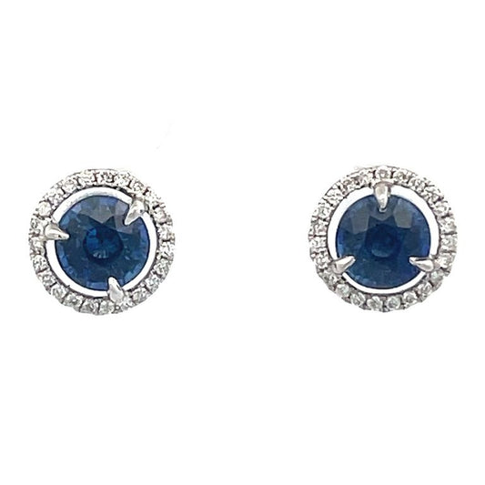 Blue Round Sapphire 2.15CT & White Round Diamonds 0.20CT 14KW Studs Earrings