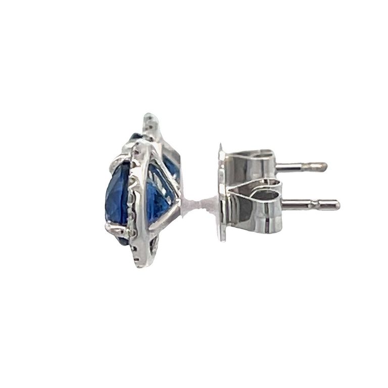 Blue Round Sapphire 2.15CT & White Round Diamonds 0.20CT 14KW Studs Earrings