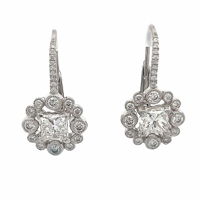 Princess cut Diamond 1.49 CT GIA Round Diamond 0.62CT 18K White Gold Earrings