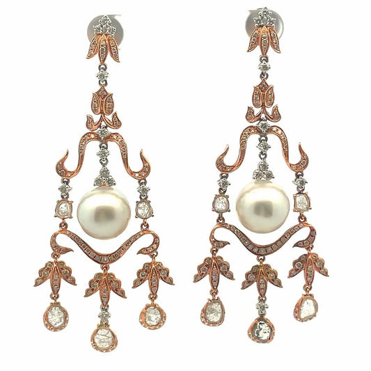 Chandelier Slice Diamond Earrings with South Sea Pearls 15mm 3.97CT 18K Rose Gold