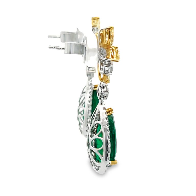 Green Emerald 8.19CT Yellow D. 2.07CT White D. 1.45CT Drop Fancy Earrings 18KW