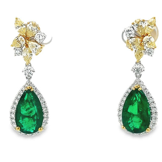 Green Emerald 8.19CT Yellow D. 2.07CT White D. 1.45CT Drop Fancy Earrings 18KW