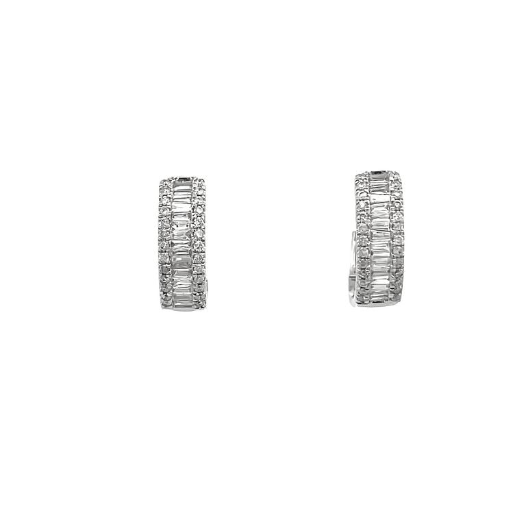 Mini Baguette & Round Diamond Hoops Earrings 0.40CT 14K White Gold