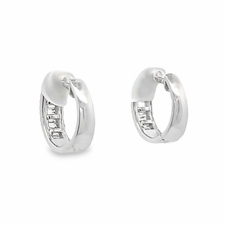 Mini Baguette & Round Diamond Hoops Earrings 0.40CT 14K White Gold