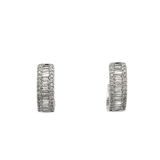 Mini Baguette & Round Diamond Hoops Earrings 0.40CT 14K White Gold