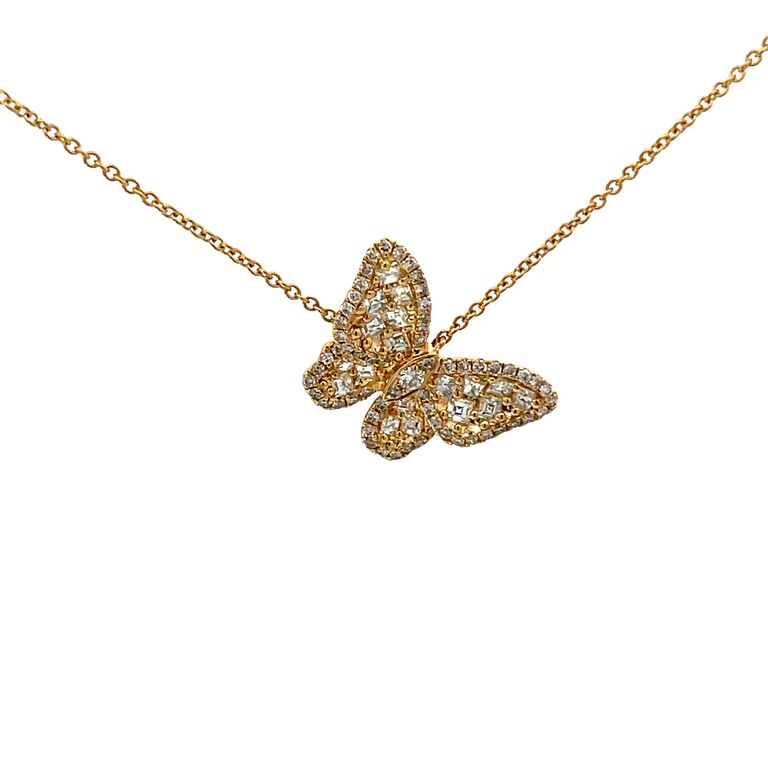 Butterfly Diamond Pendant Necklace 0.90CT 18K Yellow Gold