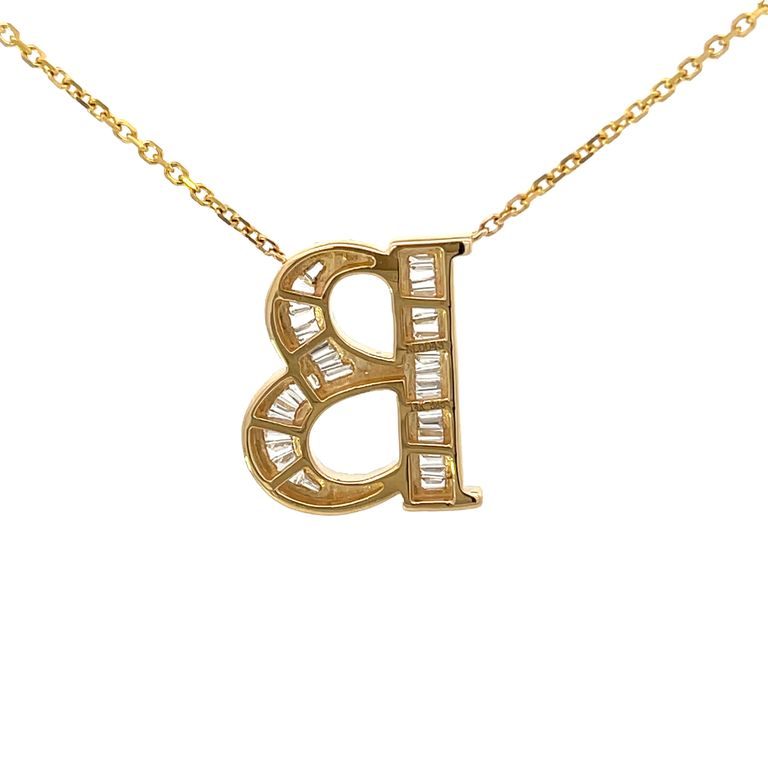 Initial Diamond Pendant Necklace Baguette & Round 0.80CT G/SI 14K Yellow Gold