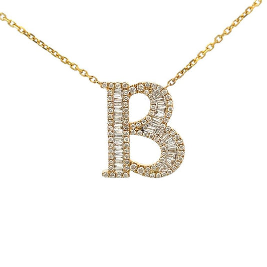 Initial Diamond Pendant Necklace Baguette & Round 0.80CT G/SI 14K Yellow Gold