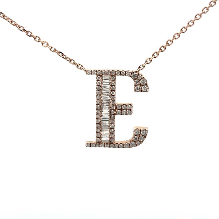 Initial Diamond Pendant Necklace Baguette & Round 0.60CT G/SI 14K Rose Gold 16"