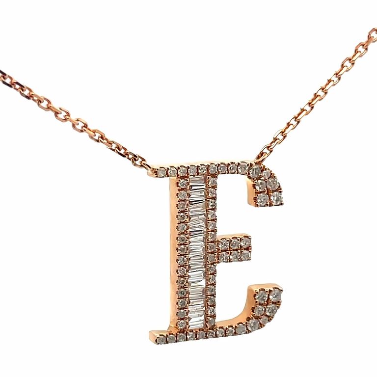 Initial Diamond Pendant Necklace Baguette & Round 0.60CT G/SI 14K Rose Gold 16"