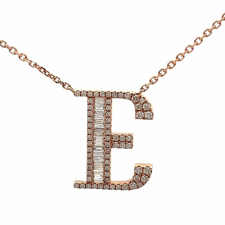 Initial Diamond Pendant Necklace Baguette & Round 0.60CT G/SI 14K Rose Gold 16"