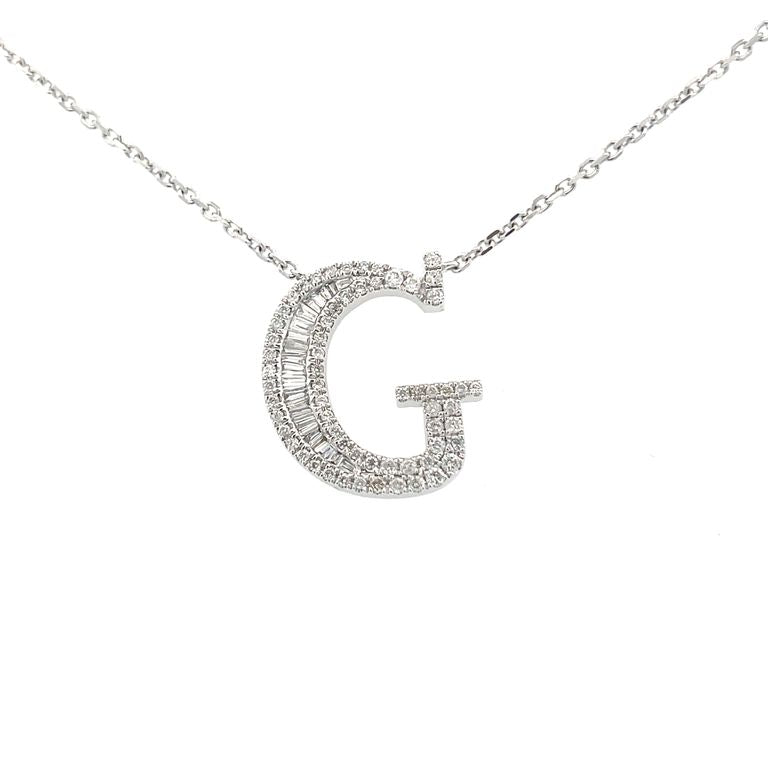 Initial Diamond Pendant Necklace Baguette & Round 0.50CT G/SI 14K White Gold