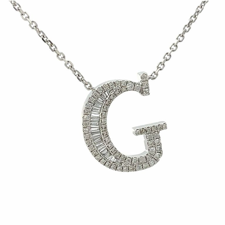 Initial Diamond Pendant Necklace Baguette & Round 0.50CT G/SI 14K White Gold