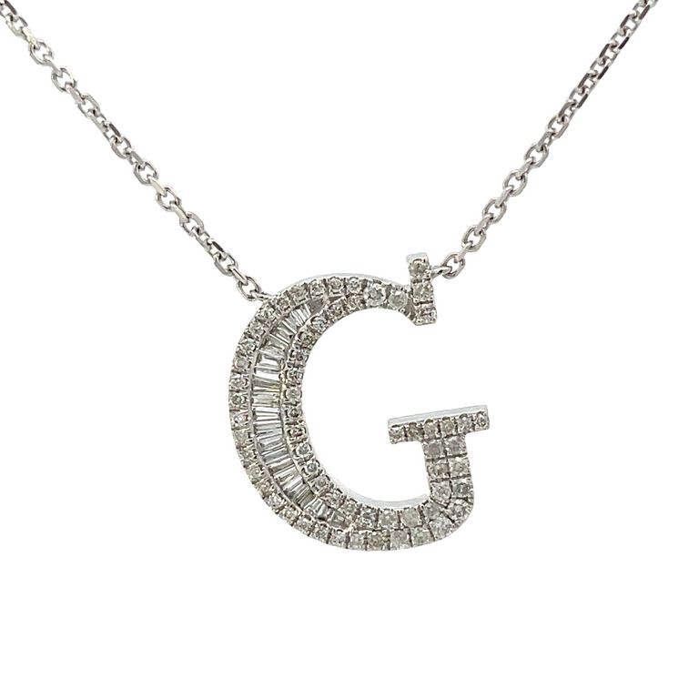 Initial Diamond Pendant Necklace Baguette & Round 0.50CT G/SI 14K White Gold