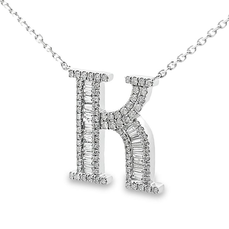 Initial Diamond Pendant Necklace Baguette & Round 0.62CT G/SI 14K White Gold 16"