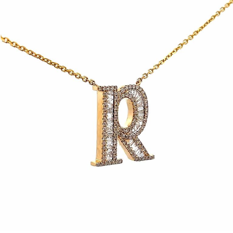 Initial Diamond Pendant Necklace Baguette & Round 0.72CT G/SI 14K Yellow Gold