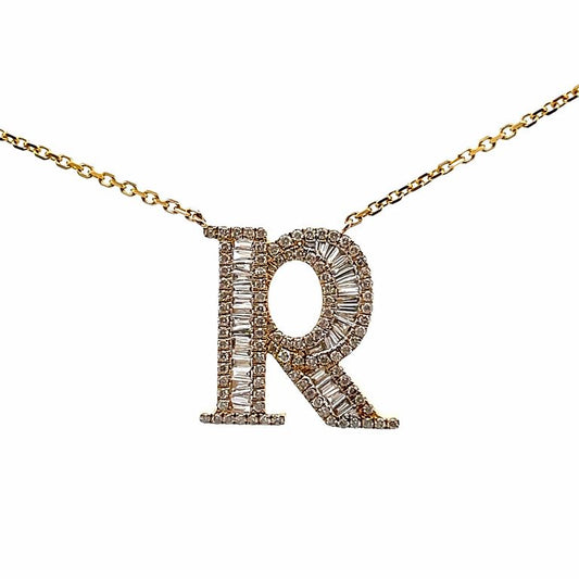 Initial Diamond Pendant Necklace Baguette & Round 0.72CT G/SI 14K Yellow Gold